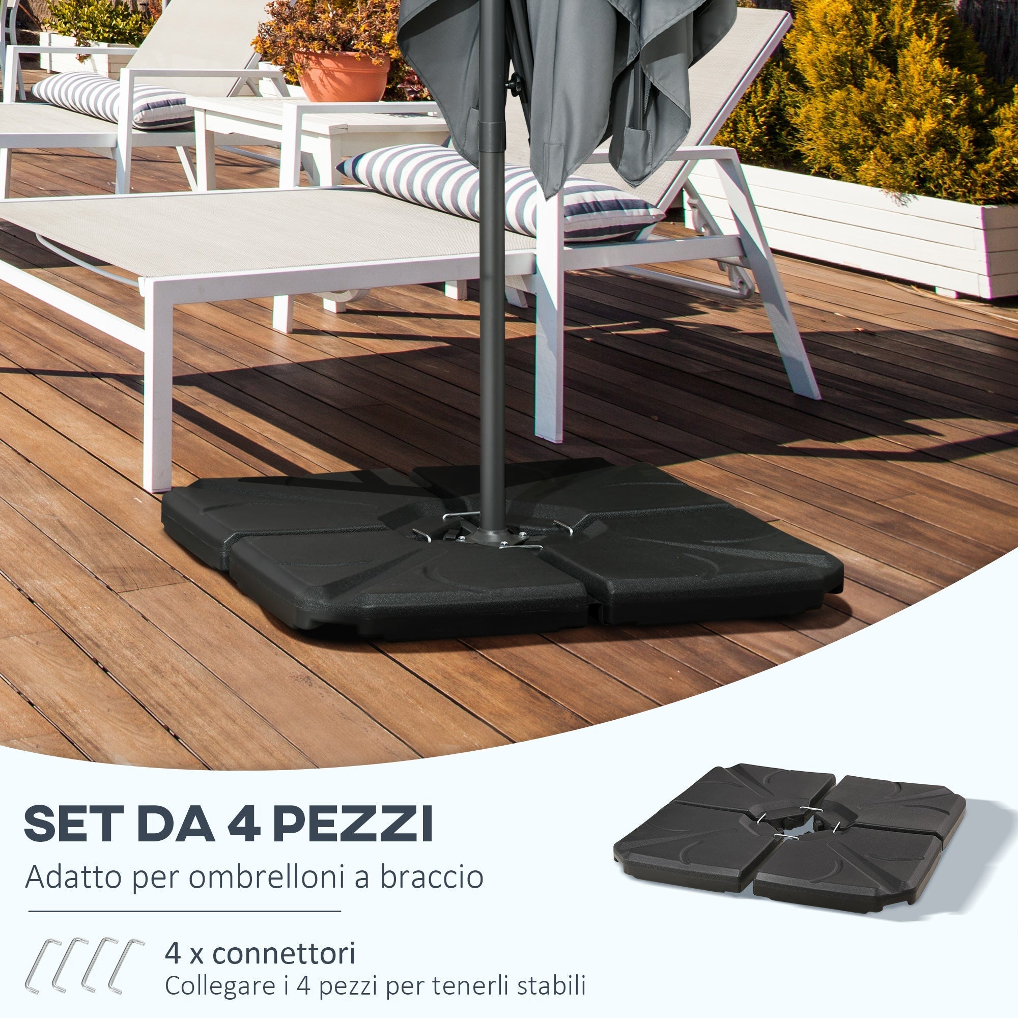 4-Piece HDPE Umbrella Base, Fillable with Water and Sand max 18kg, 103x103x8.3 cm, Black - Borge' Group Limited