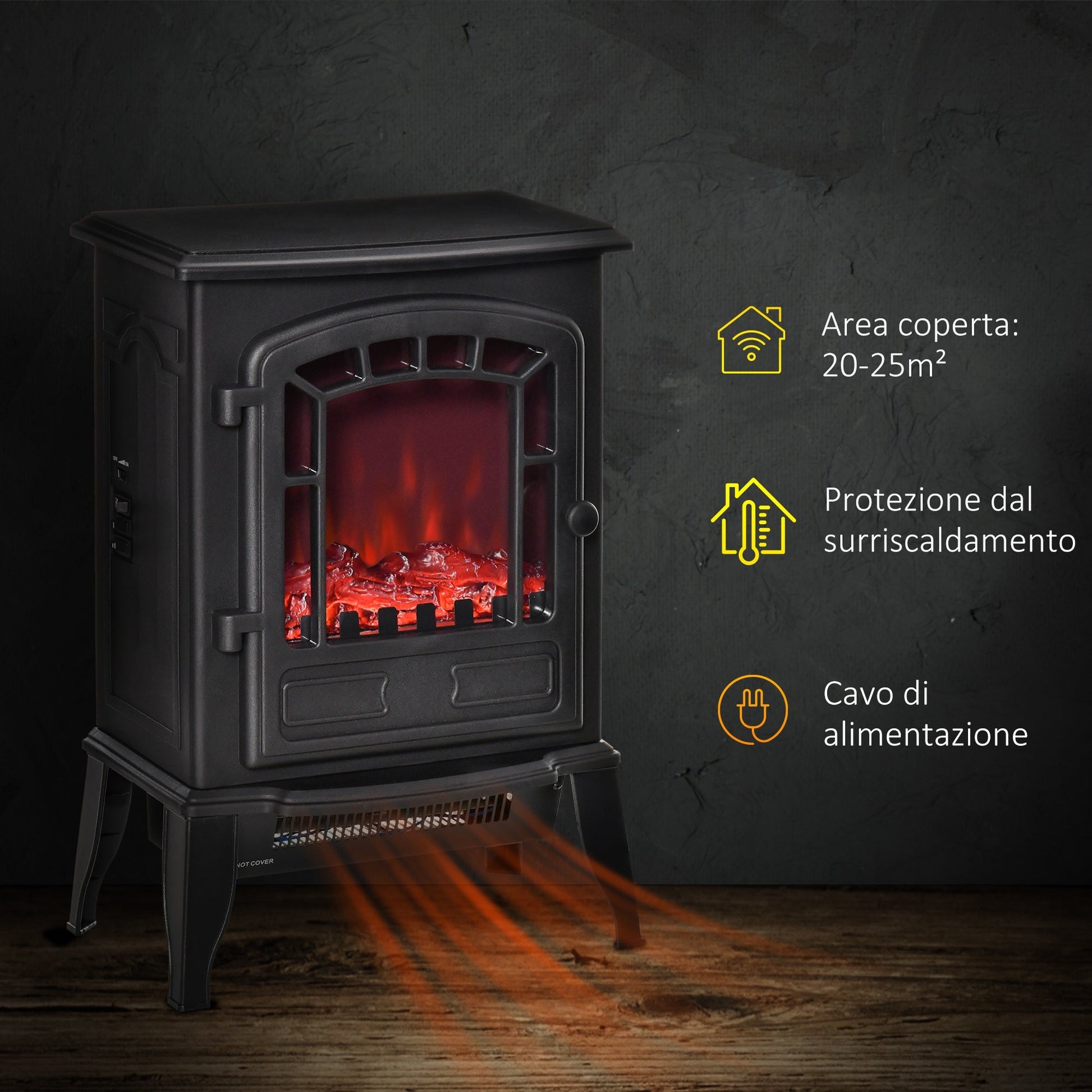 electric fireplace with flame effect, adjustable temperature coverage 20-25m² - black - Borgè