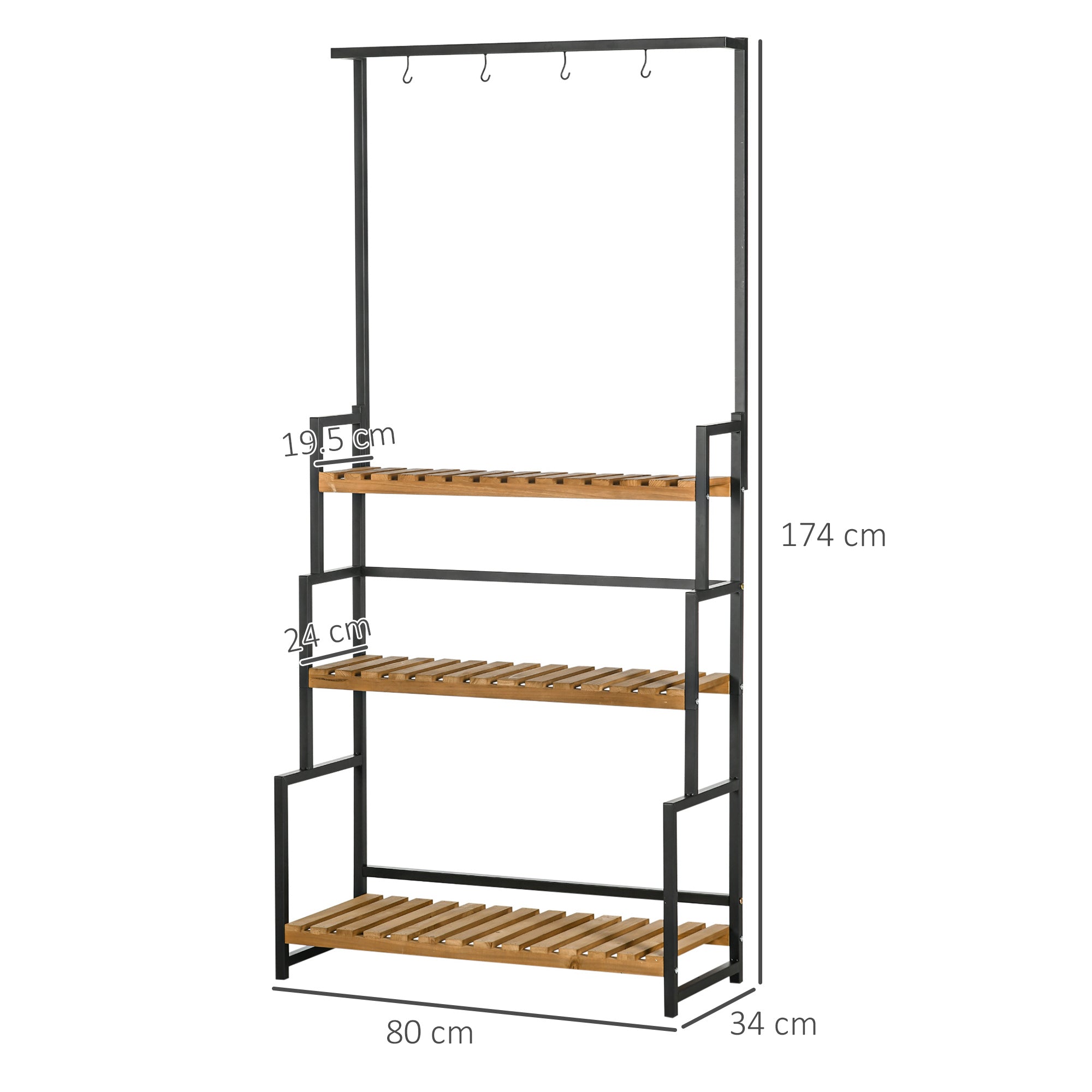 3-Tier Flower Stand with Top Hooks Fir Wood and Metal for Indoor and Outdoor, 80x36x174 cm - Borge' Group Limited