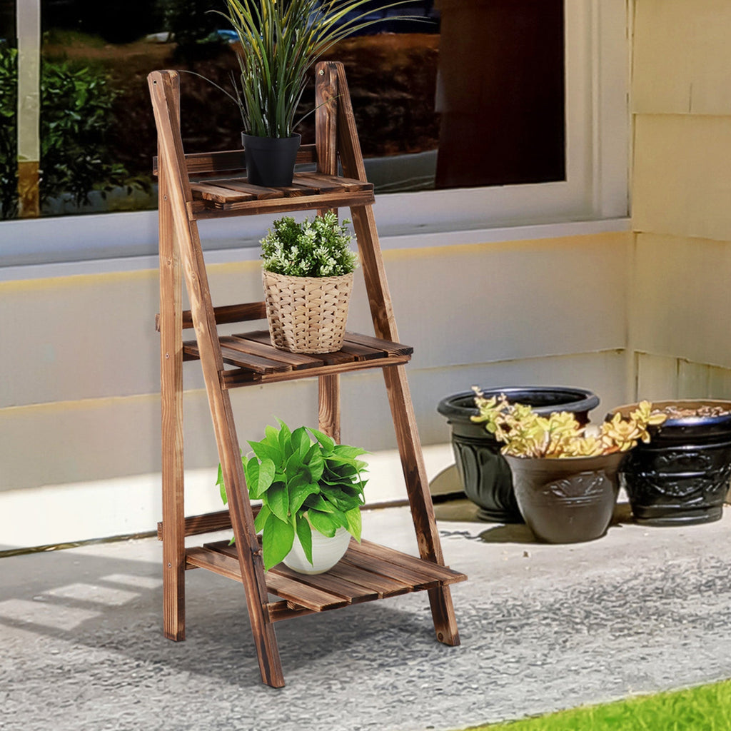 Folding Plant Stand Fir Wood Plant Pot Holder with 3 Tiers Outdoor Plant Shelf Flower Stand 40x37x93cm - Borge' Group Limited