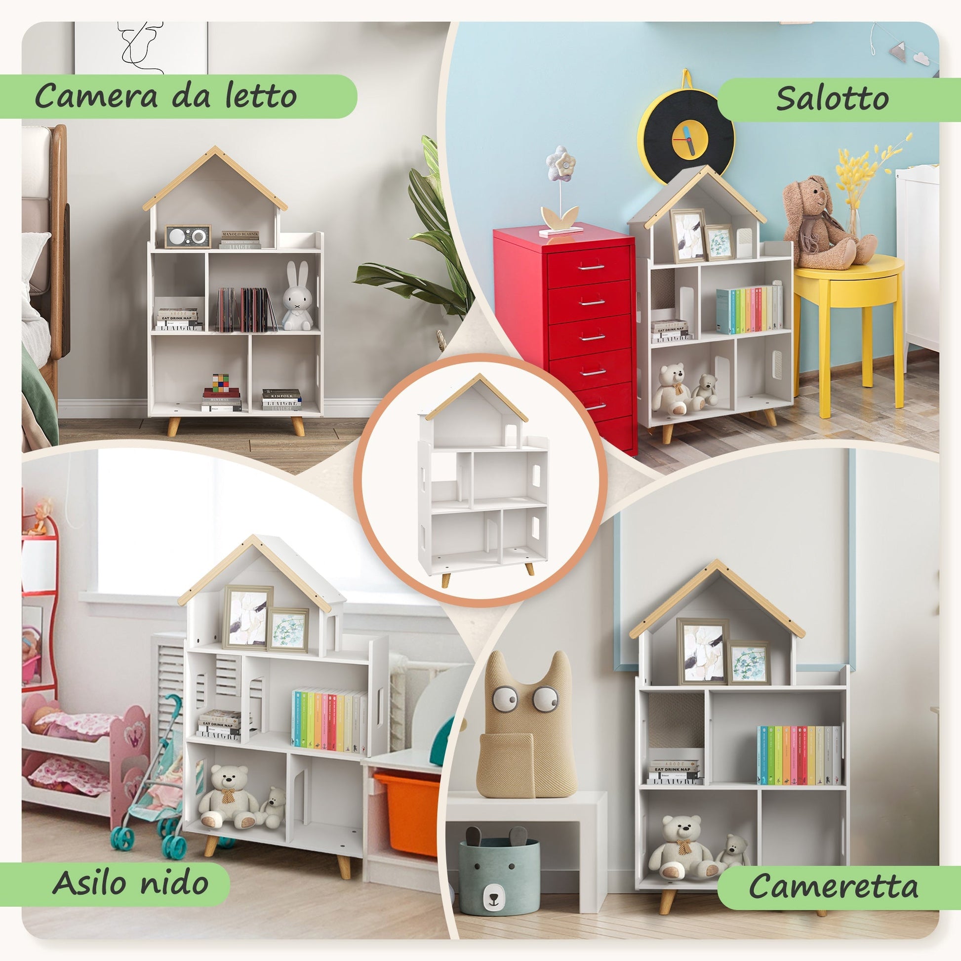 Zonekiz Library for children 3-6 years at 3 levels for books and games, in mdf and pine wood, 65x25x108.5 cm, white - Borgè