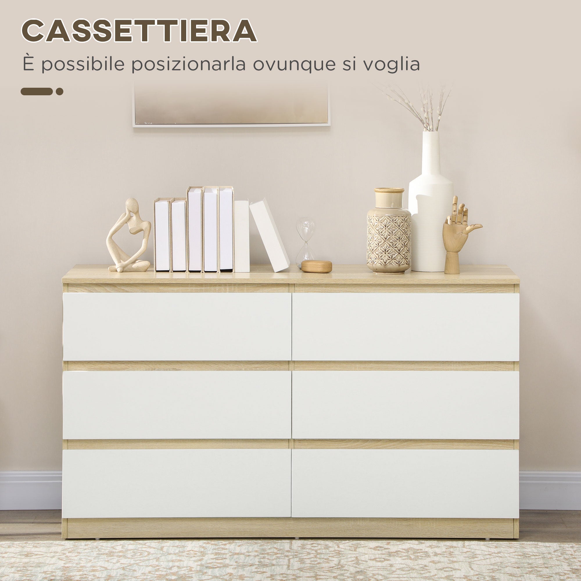 Drawer 6 Modern Drawers in Wooden, 135x48x77cm, White and Wood Color - Borgè