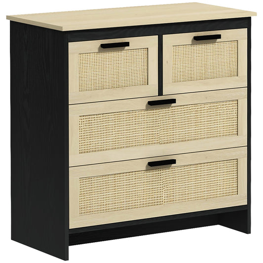 Homcom drawer 4 drawers in chipboard and rattan for living room and bedroom, 80x38x80 cm, black and wooden - Borgè