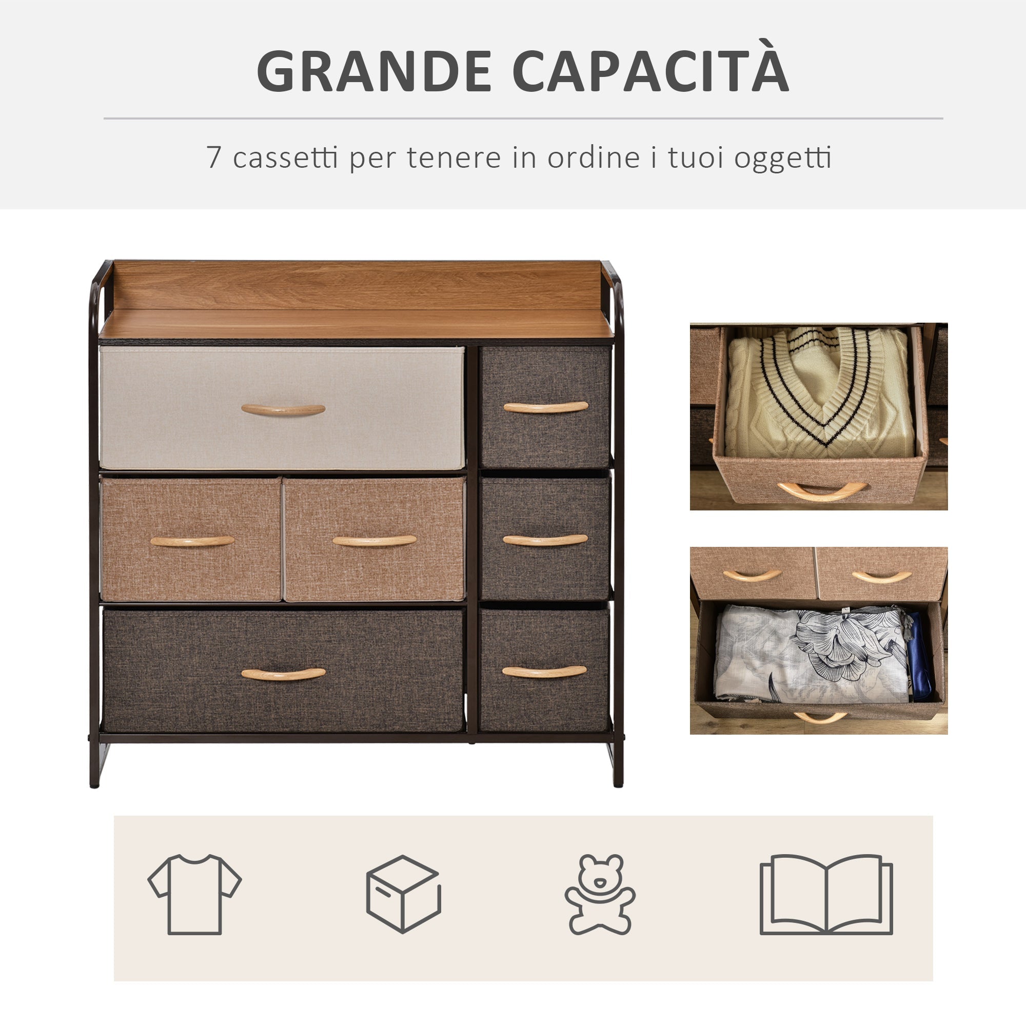 drawer 7 fabric drawers, 80x29x78.5cm, wood - Borgè