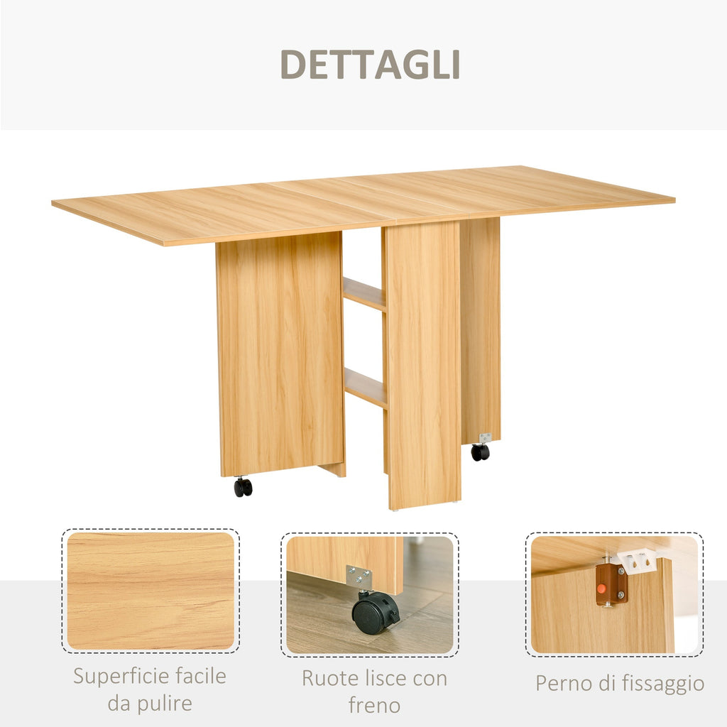 Folding and modern dining table with shelf, kitchen table and dining room, 140x80x74cm, wooden color - Borgè