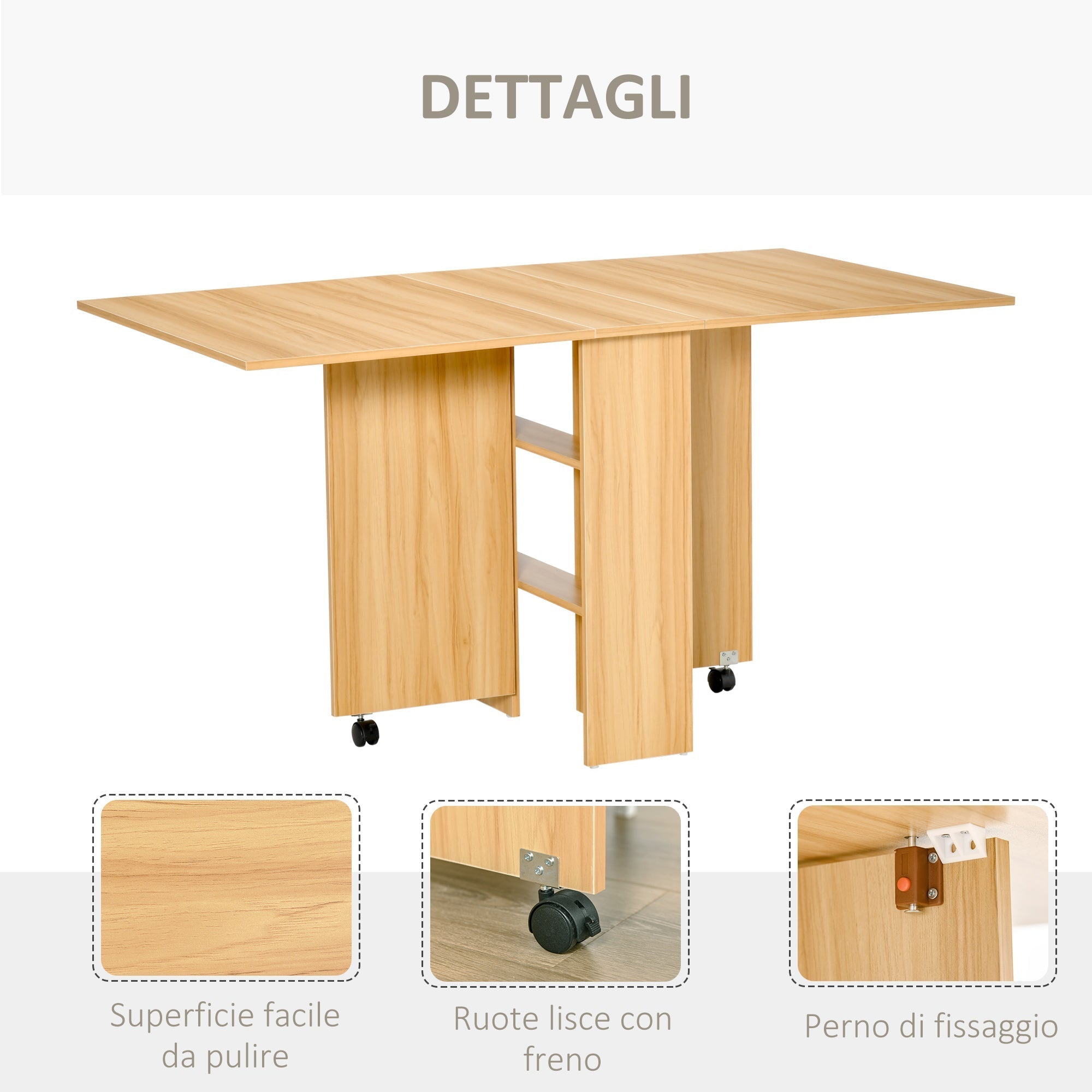 Folding and modern dining table with shelf, kitchen table and dining room, 140x80x74cm, wooden color - Borgè