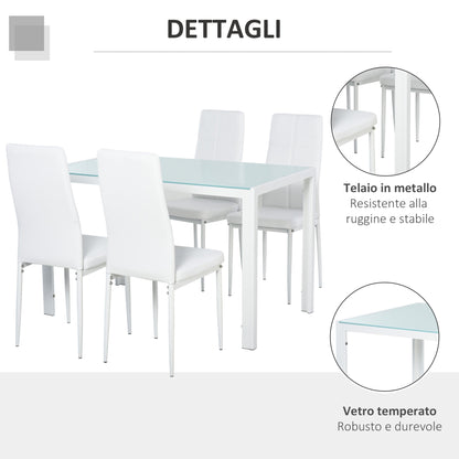 Set 5 pieces with 1 table and 4 kitchen chairs or dining room in the same -like, metal and tempered glass, white - Borgè