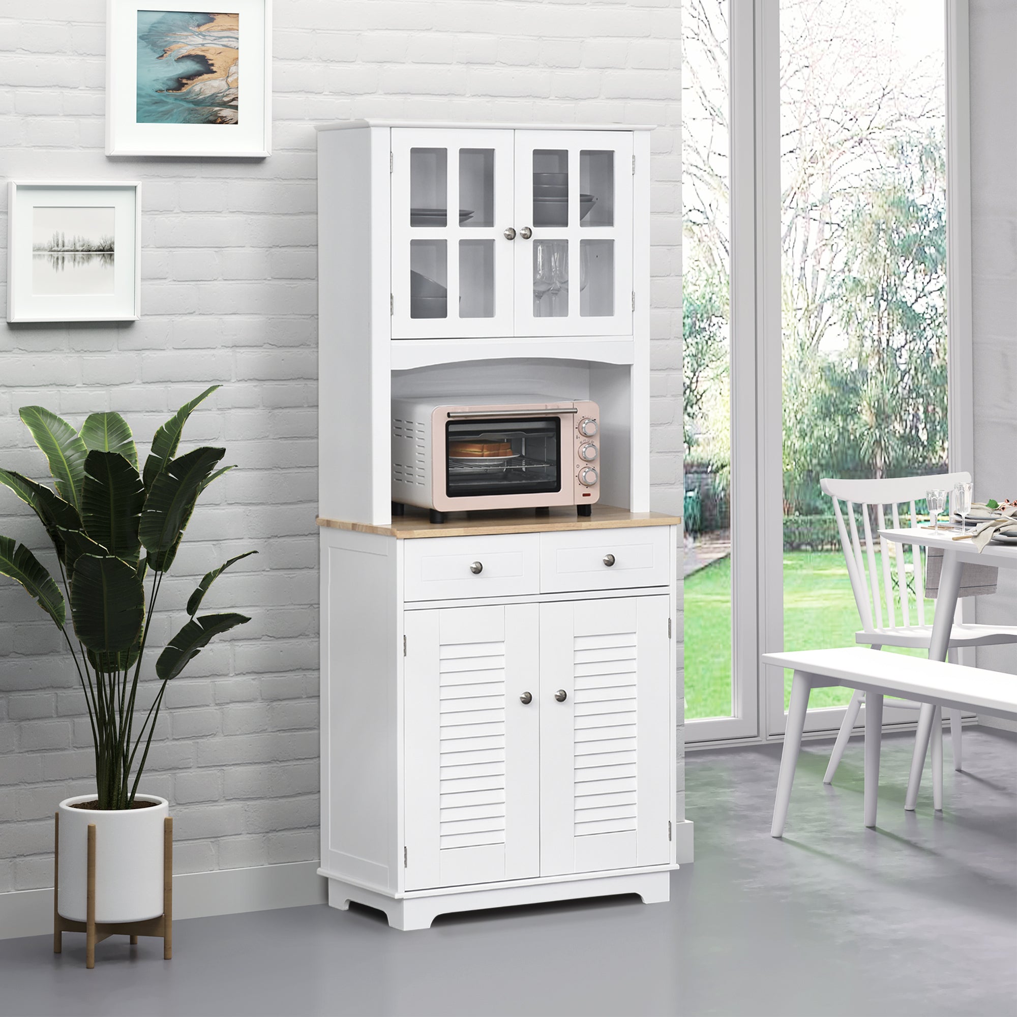 High Credenza For Kitchen, White Wood Buffet Mobile, Classic style, white, 68x39.5x170cm - Borgè