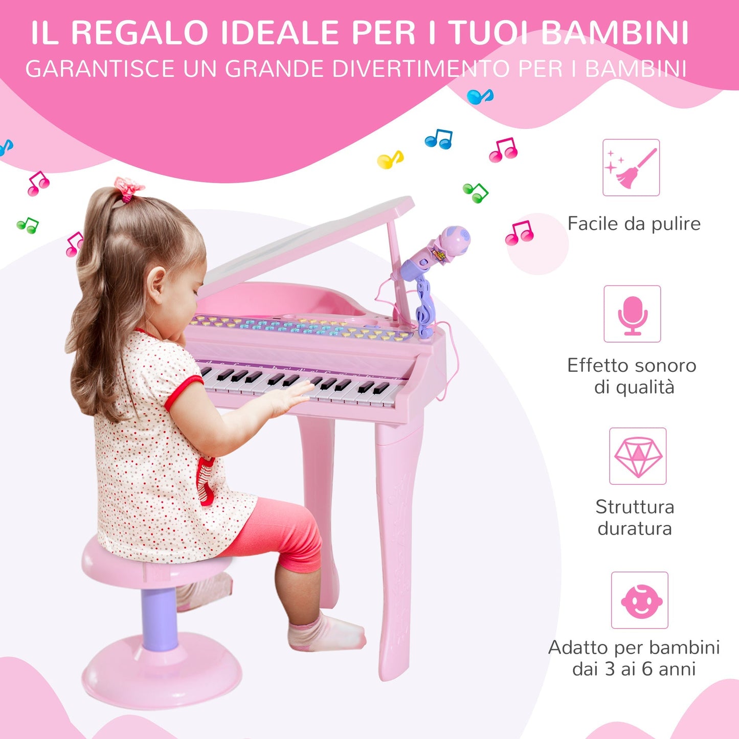 mini piano toy for children with microphone and stool, pink - Borgè