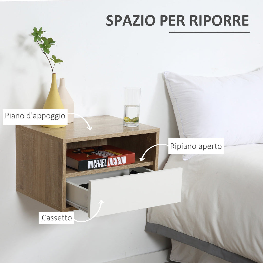 Set 2 Bedside tables suspended with drawer and shelf 45x35x27.5cm - White and wooden color - Borgè