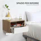 Set 2 Bedside tables suspended with drawer and shelf 45x35x27.5cm - White and wooden color - Borgè