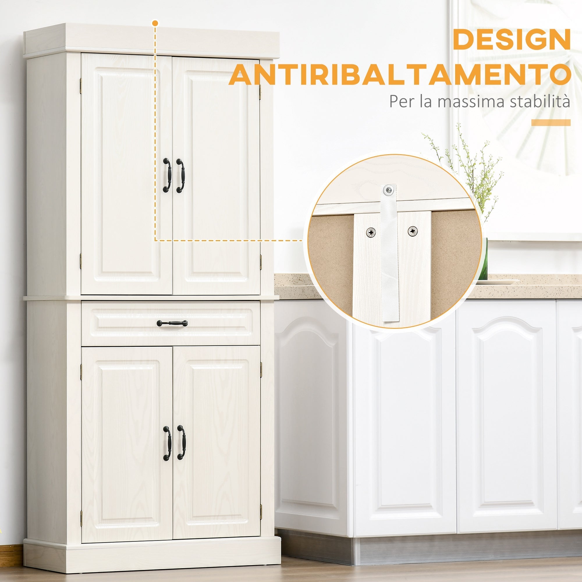Kitchen Credenza with 2 cabinets and colonial style drawer, 80x35x180 white white - Borgè