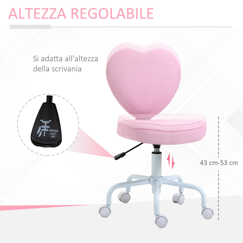 Desk chair in the heart-shaped bedroom, office chair with 5 swivel wheels and adjustable height covered in pink linen, 40x50x79-89cm - Borgè