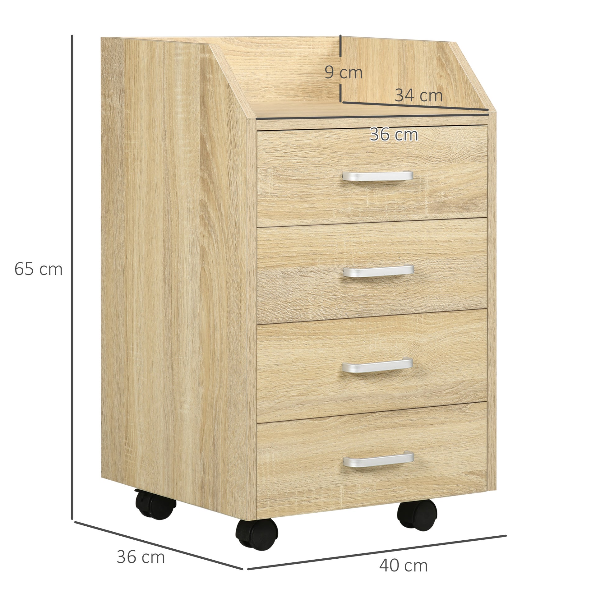 Wooden designer winner with 4 drawers, wheels and raised edges, 40x36x65cm, natural wood - Borgè