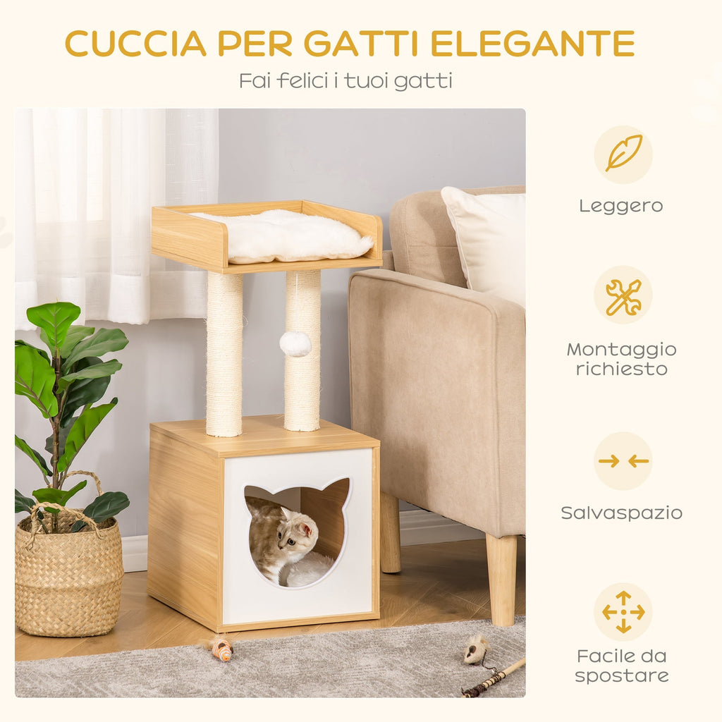 Cat Tree for cats with Scratch Pole in Sisal, washable cushions and ball, 35x35x81cm, oak - Borge' Group Limited