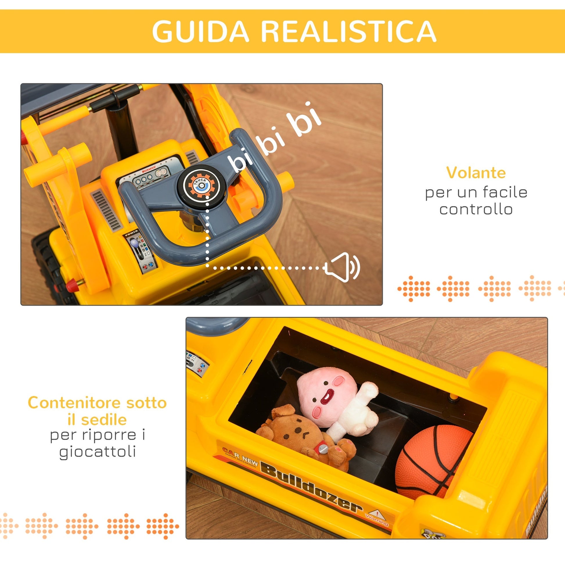 Ruspa toy with steering wheel, manual excavator and hidden compartment, children's rideable game 2-3 years, 70x26x37cm, yellow - Borgè