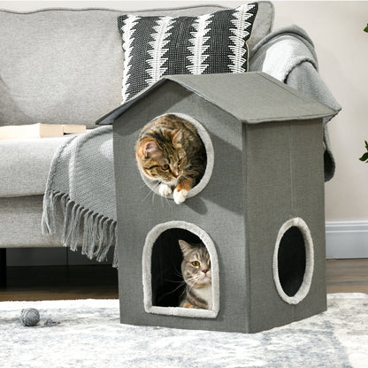 PAWHUT two -level cat house with washable cushions 3 entrances, 42x46x59.5 cm, Grey - Borgè