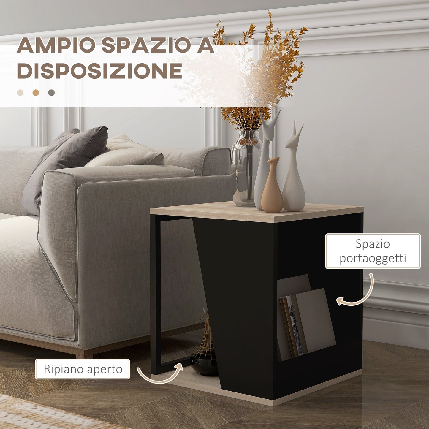 Set of 2 Coffee Tables with Storage Compartment in Chipboard and Steel, 40x40x45cm, Black and Oak - Borgè