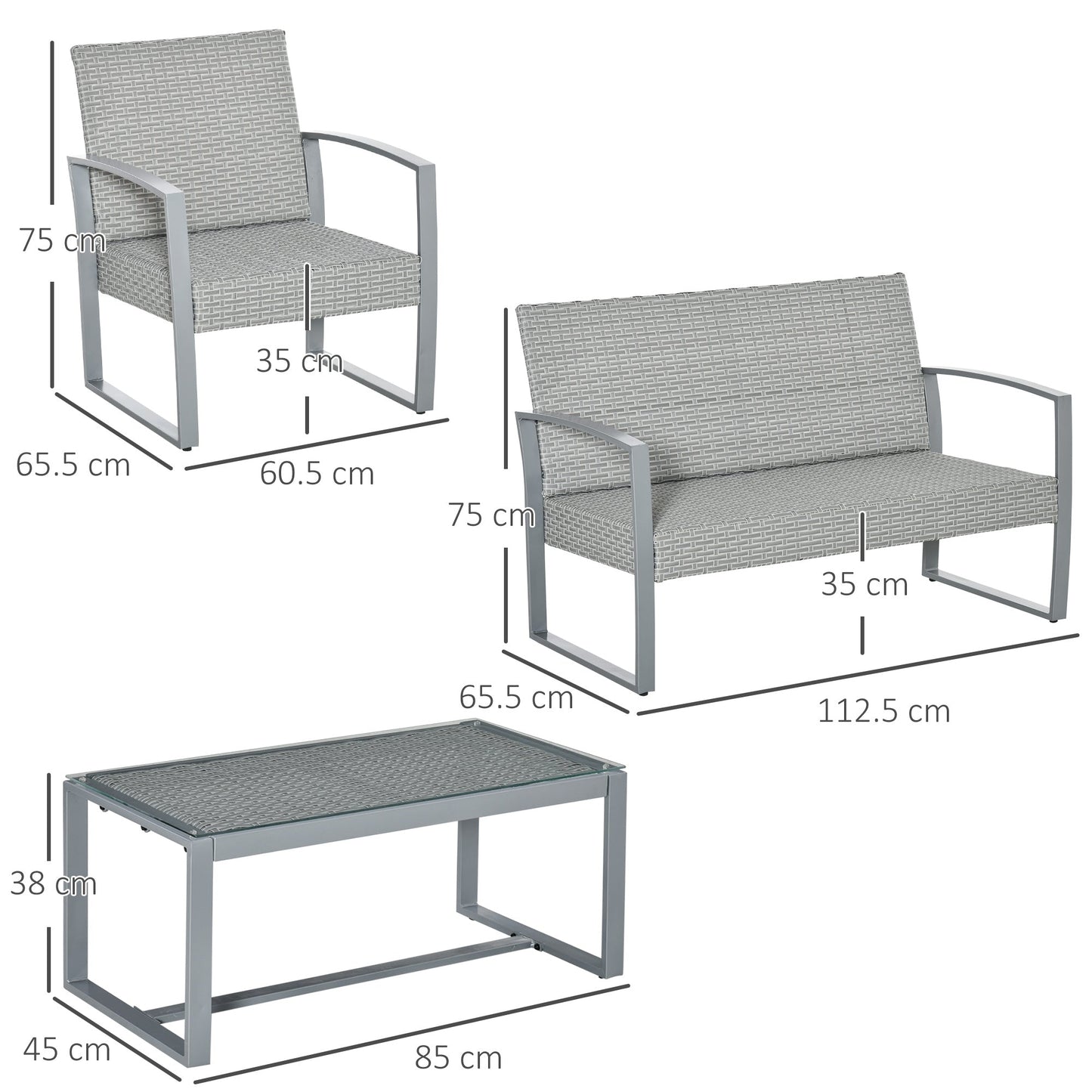 Rattan Outdoor Garden Furniture Set, Table, Sofa and 2 Armchairs | Outsunny