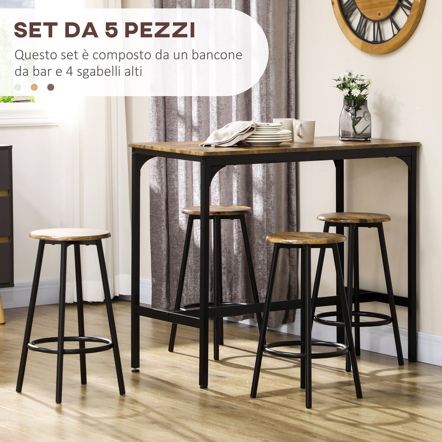 sets from bar 5 pieces with high table and 4 industrial style stools, brown and black - Borgè