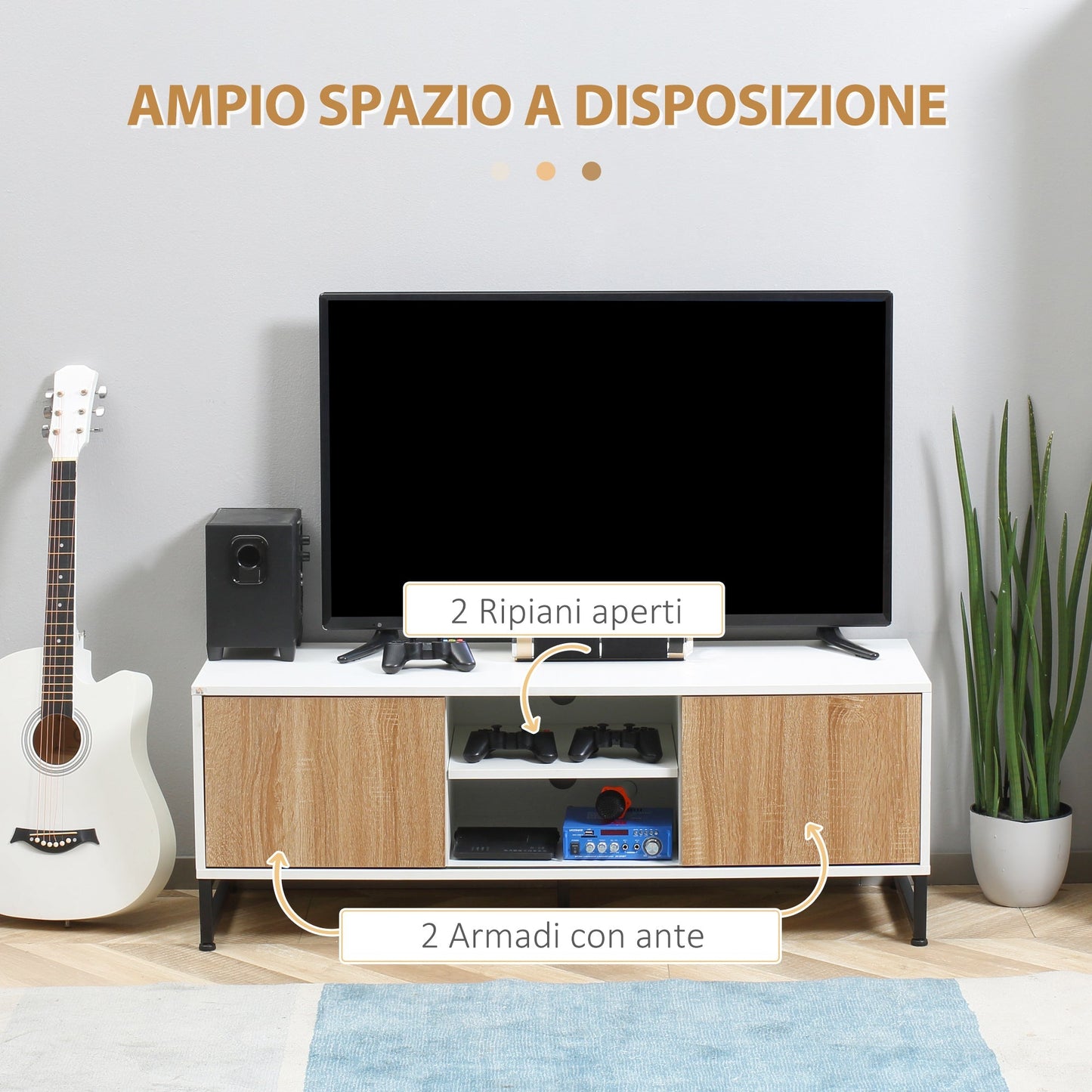 Modern TV Mobile 50 "Max in chipboard and steel with 2 open shelves and 2 closed lockers, 120x39.5x45 cm - Borgè