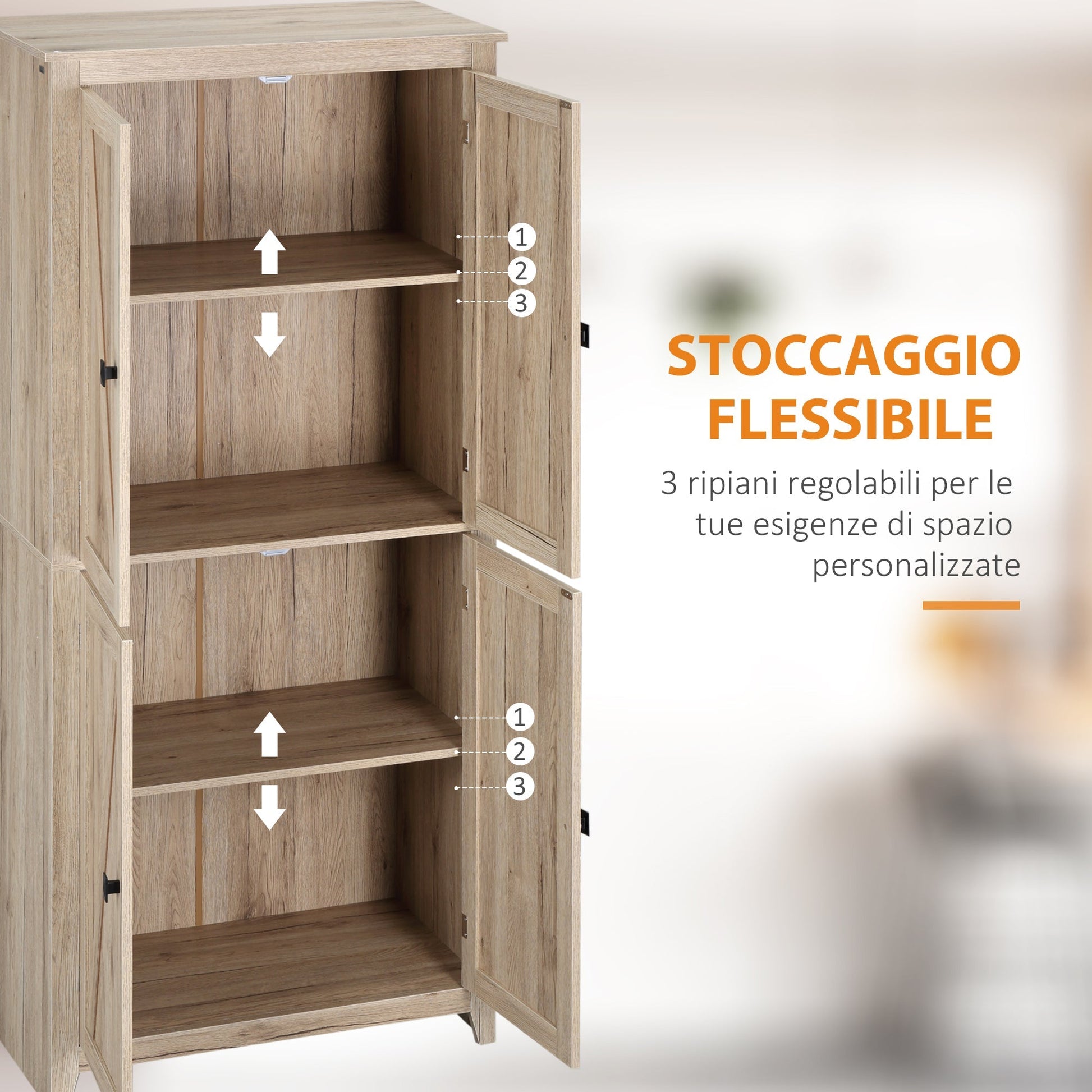 Mobile 4 doors kitchen with adjustable shelves and raised wooden base 80x40x182cm - Borgè