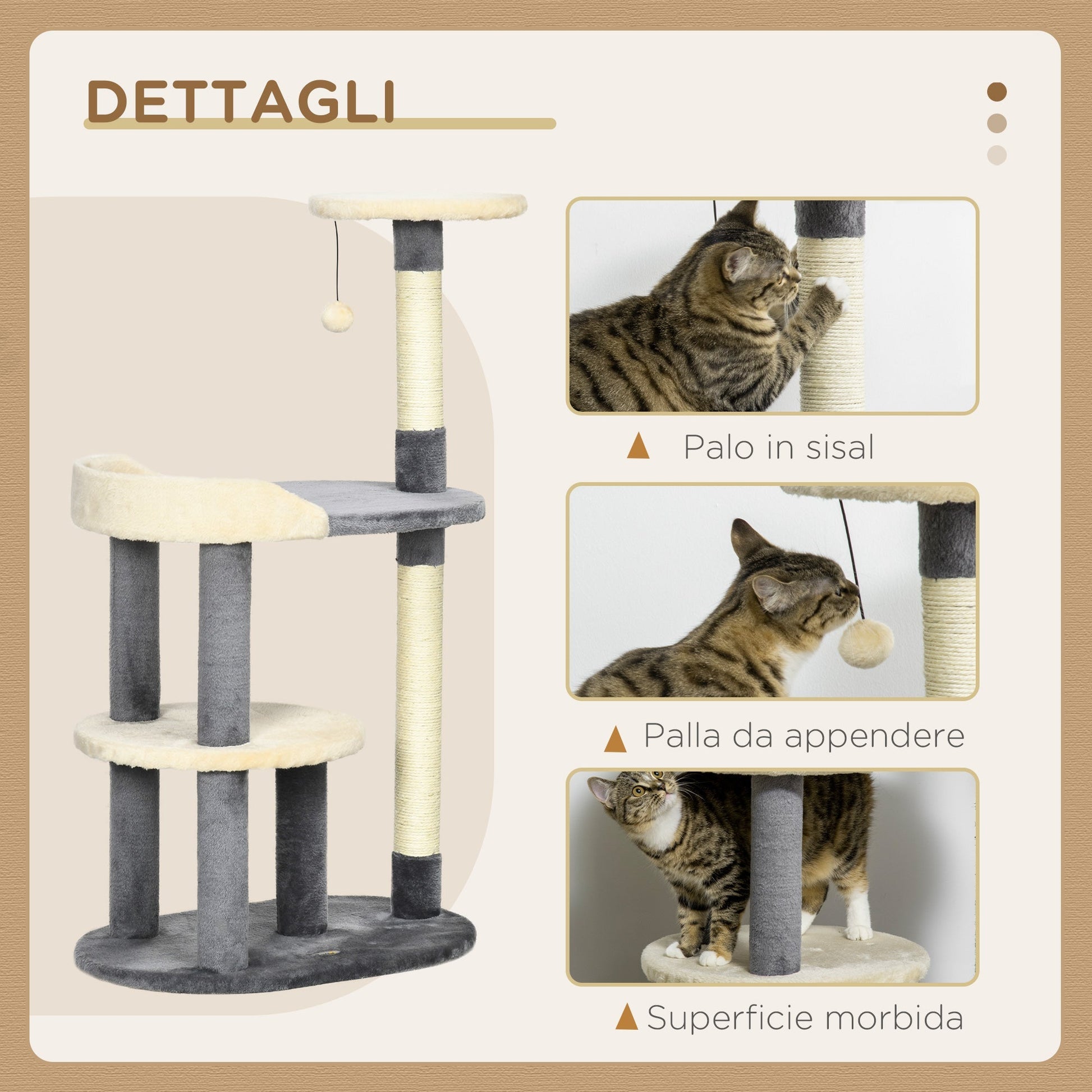 Cat Tree for cats with Scratch Pole with 3 leavels, height 105cm, Grey - Borgè