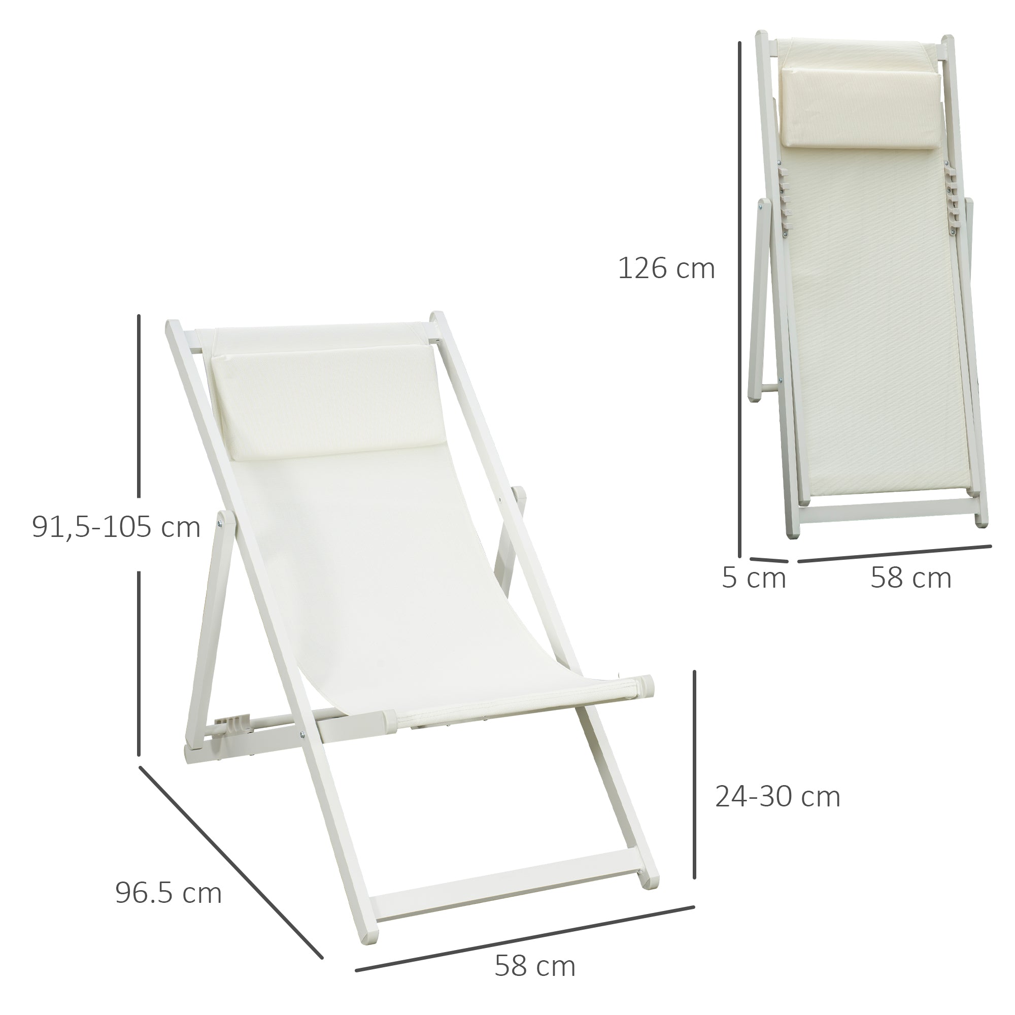 Set of 2 Folding and Reclining Outdoor Deck Chairs in Aluminum, 96.5x58x91.5 cm, Beige - Borge' Group Limited