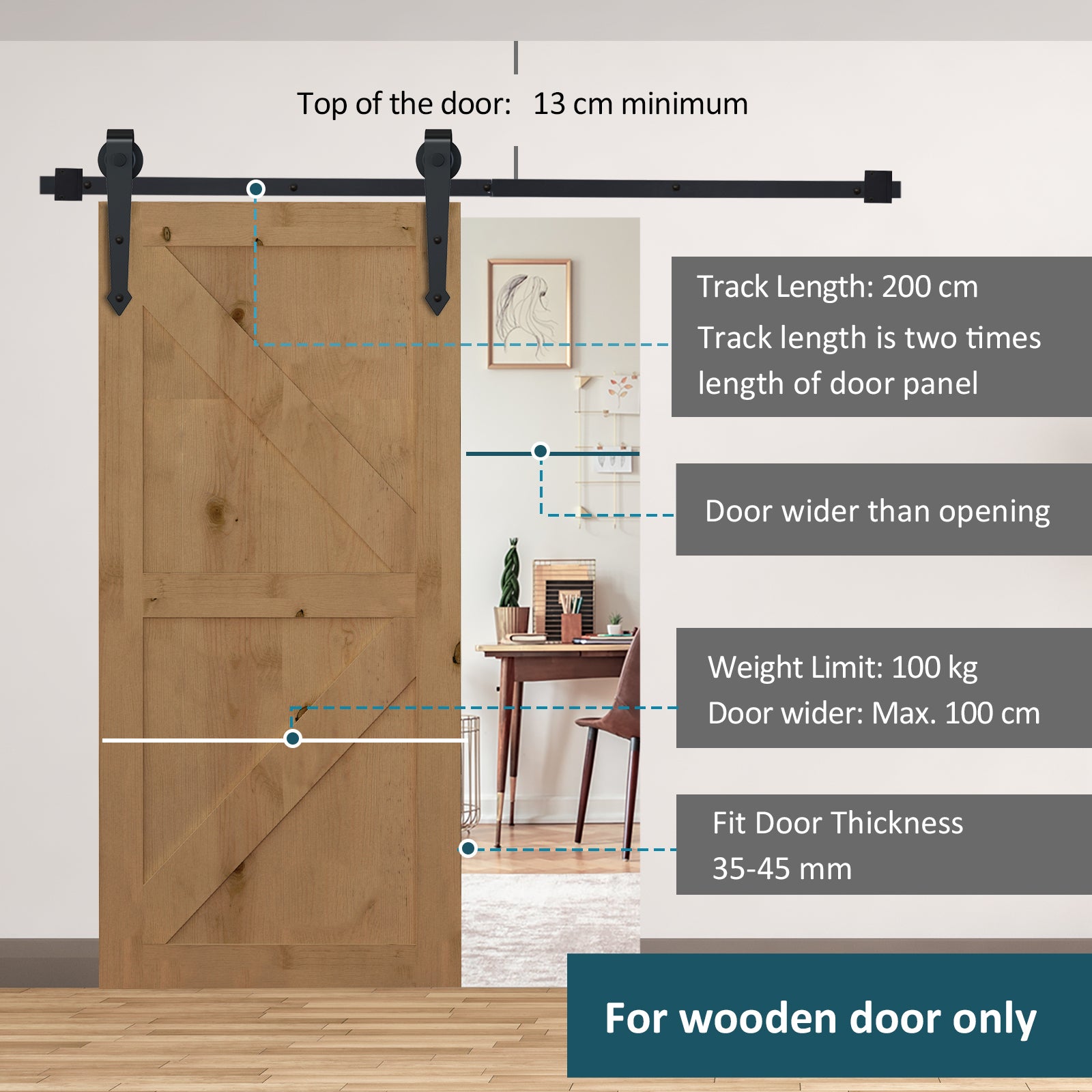 Homcom Kit for sliding door in rustic style with 200cm track and wheels, black - Borgè