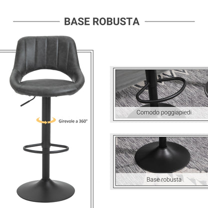 Set 2 swivel bar stools with back and footrests, modern stools with adjustable height in metal metal seated Grey-like, 44x49x90-110cm - Borgè