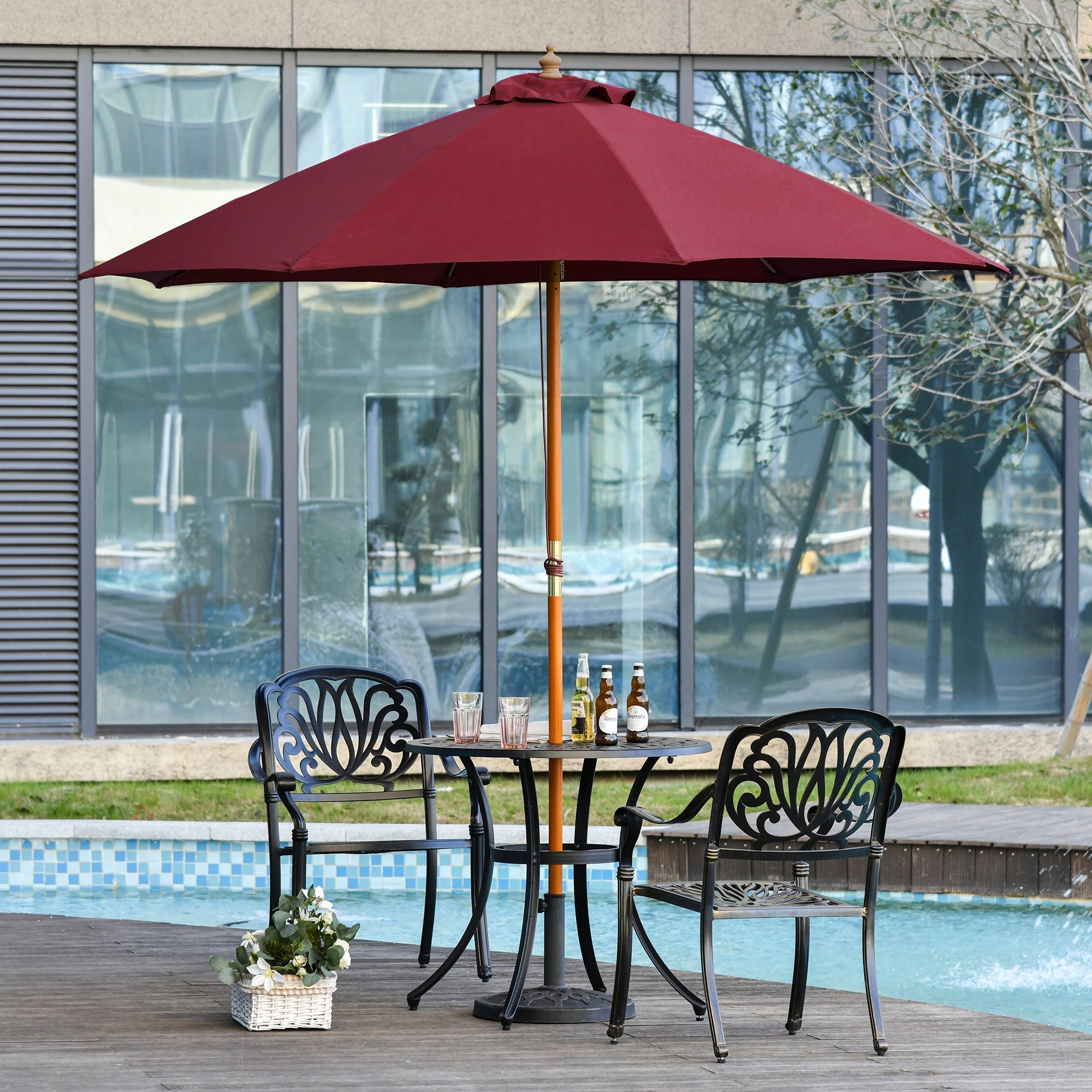 2.5x2.5m Garden Umbrella with Red Polyester Windproof Canopy and Wooden Pole - Borge' Group Limited