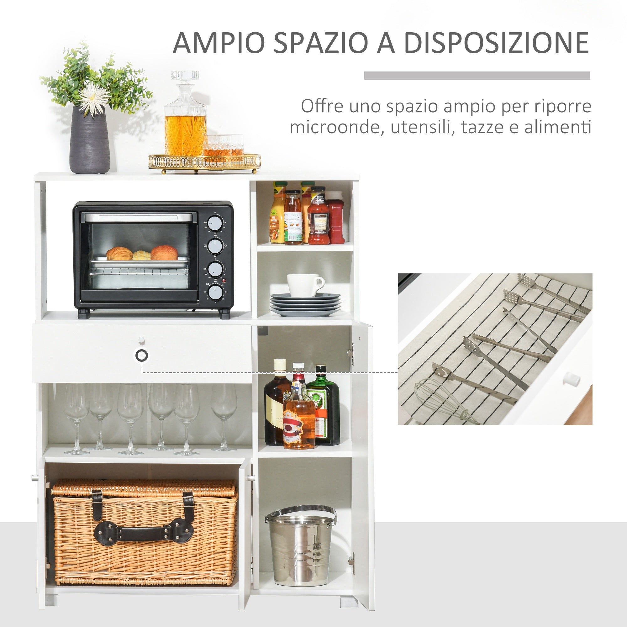 Mobile Belief for Kitchen With Cabinets, Shelves and drawer, in wood 90x40x120cm White - Borgè