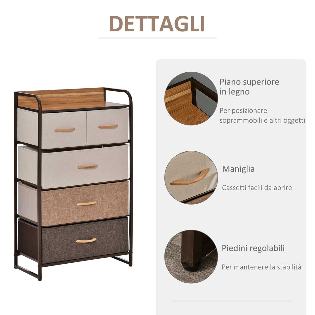Drawer 5 Drawers in Fabric and Rigid Shelf, 58x29x99cm, Wood - Borgè