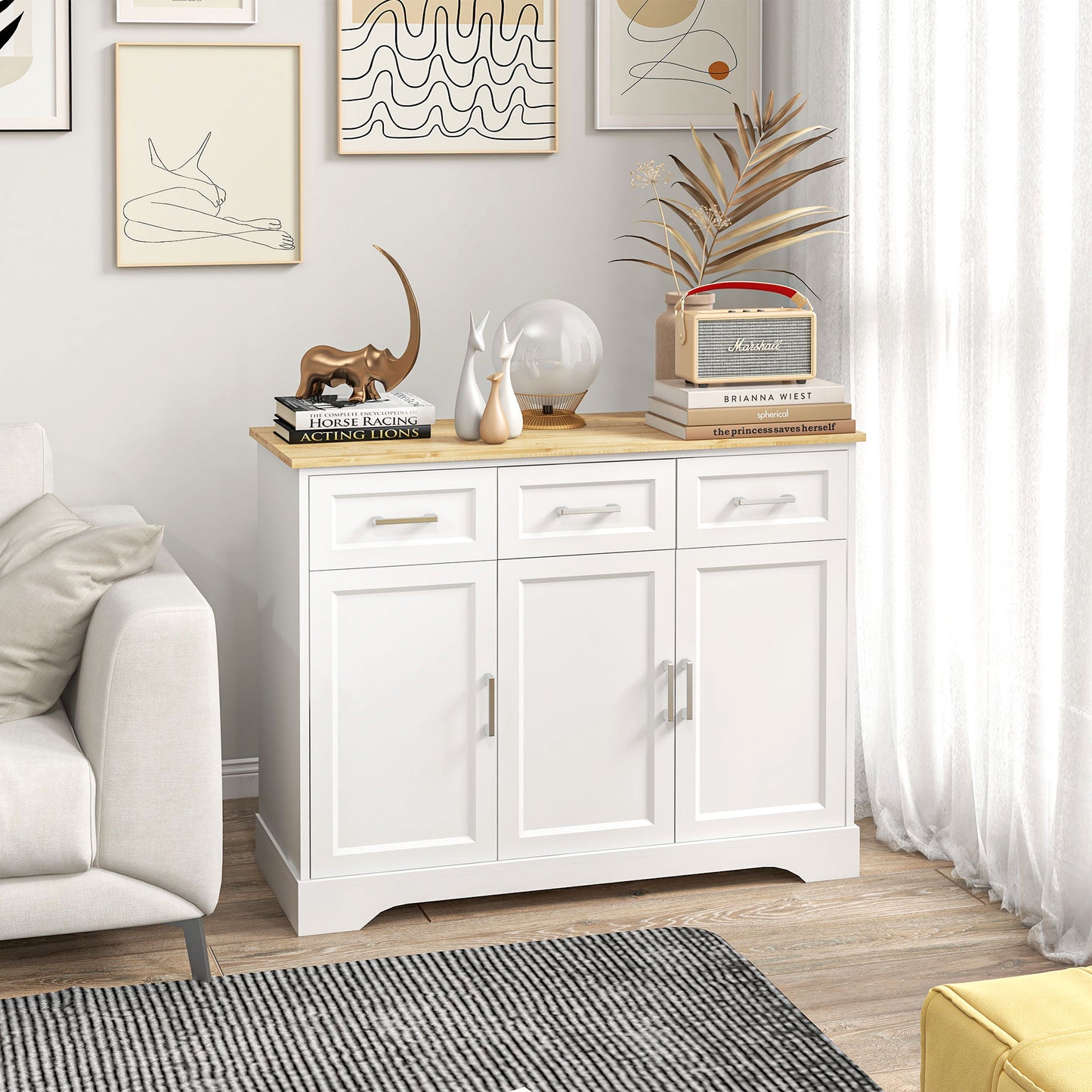 Homcom Modern Credenza with 3 drawers and 3 MDF doors and chipboard with adjustable shelf, 101x39x82 cm, white - Borgè