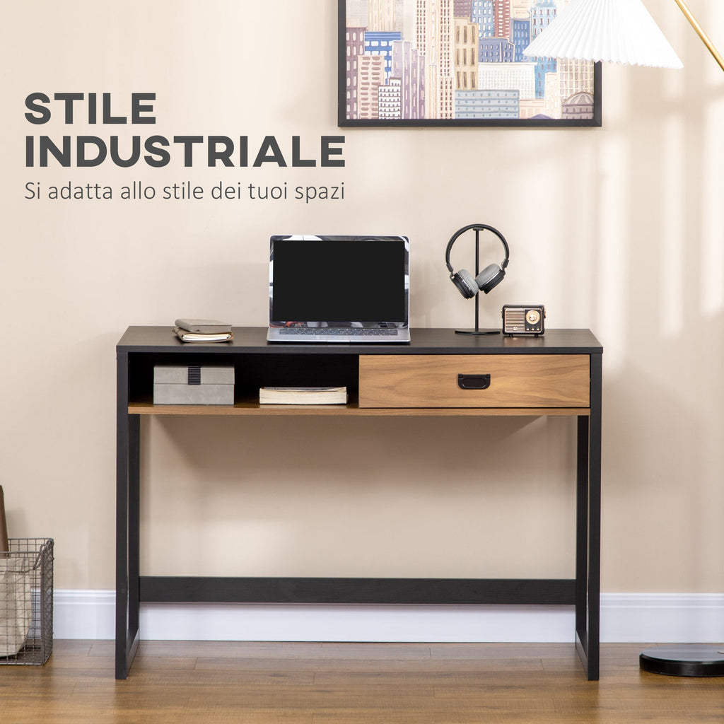 desk for room and office with industrial style drawer, 110x50x76cm, walnut and black - Borgè