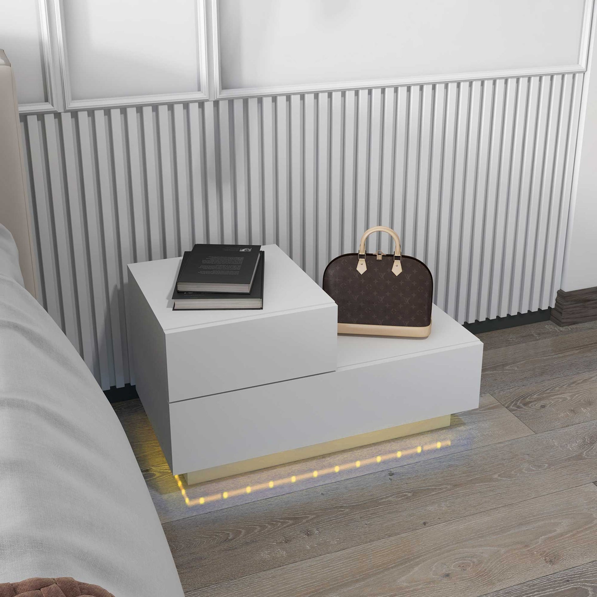 Homcom Modern bedside table with 16 RGB LED lights, remote control and two trooped drawers, 70x37x38cm, white - Borgè