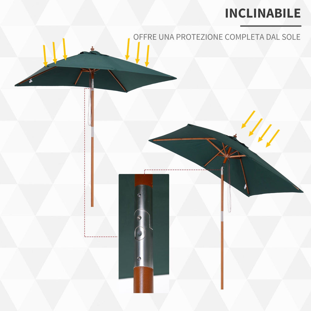 Tilting Garden Umbrella 2x1.5m with 6 Ribs, Wooden Pole and Rope Opening, Green - Borge' Group Limited