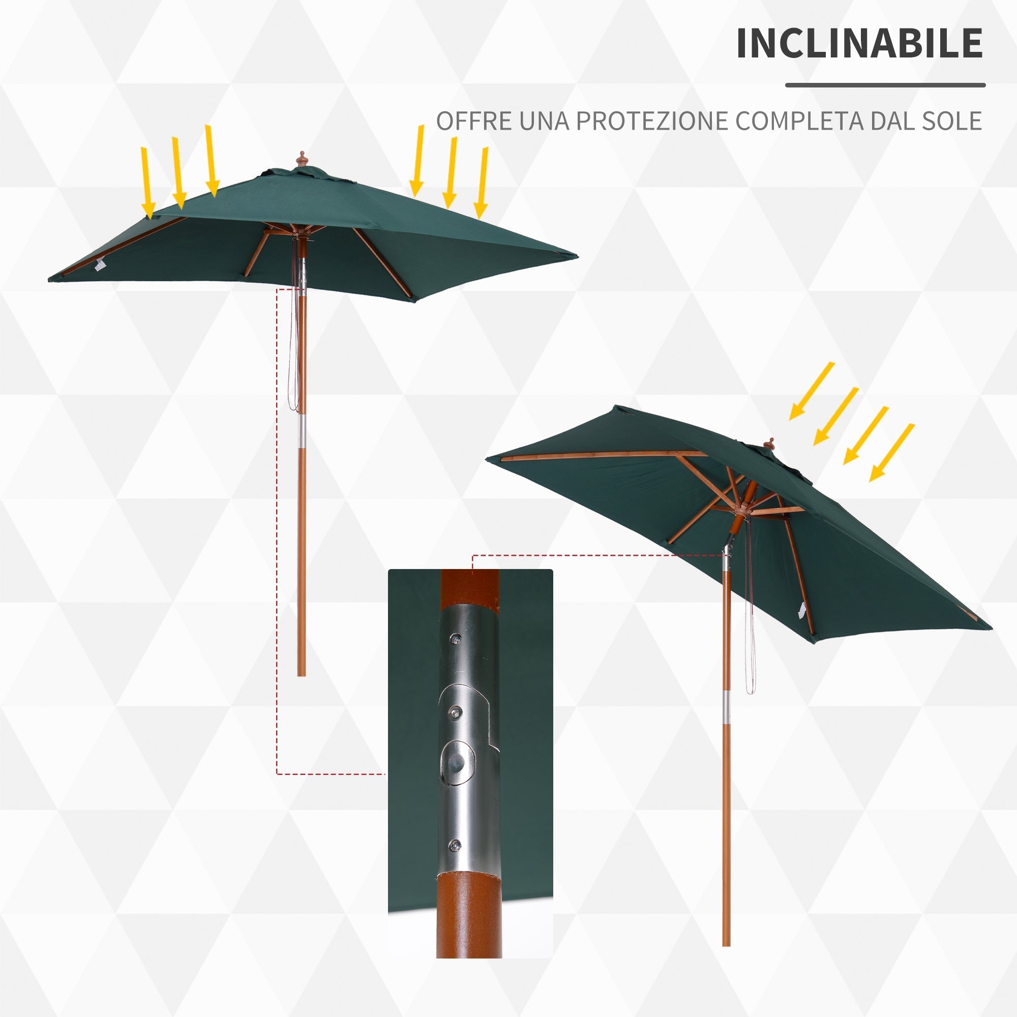 Tilting Garden Umbrella 2x1.5m with 6 Ribs, Wooden Pole and Rope Opening, Green - Borge' Group Limited