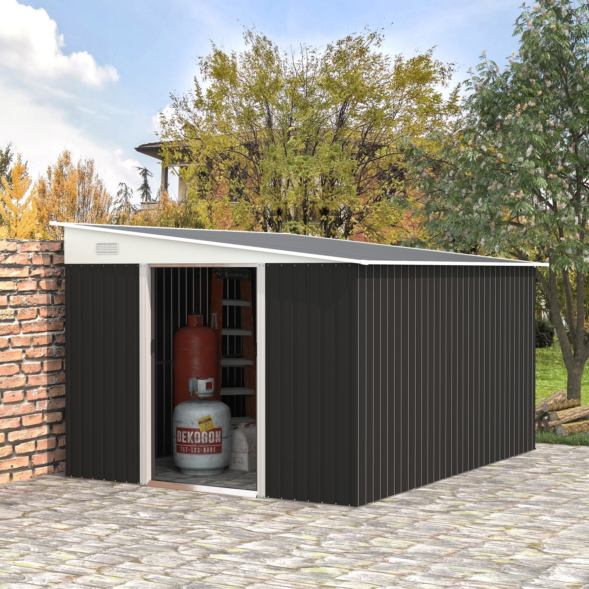 Garden Storage Shed with Sliding Door, Steel, 345x280.5x169-201cm, Black - Borge' Group Limited