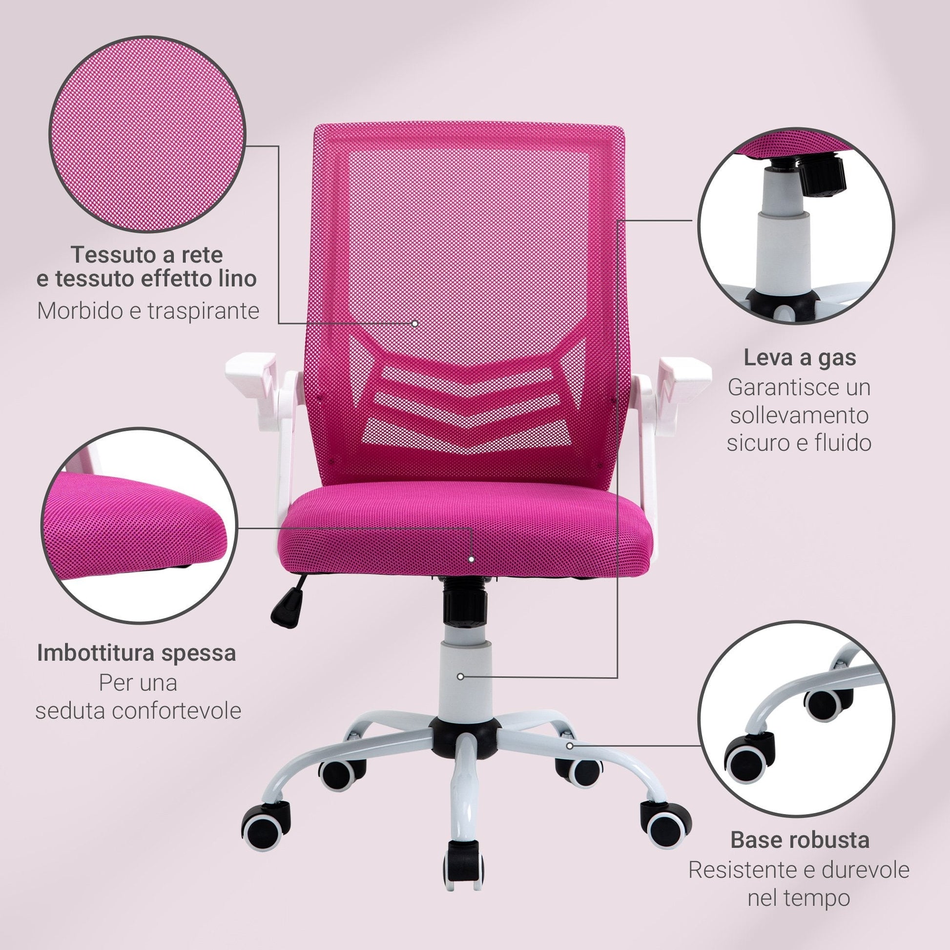 Ergonomic office chair with armrests and lumbar support, swivel office chair and adjustable height in pink fabric - Borgè