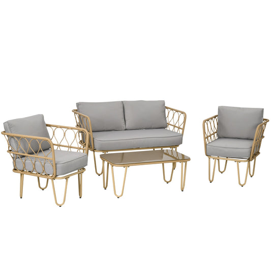 Garden lounge in rattan with 2 seater sofa, 2 armchairs and table with glass, yellow - Borgè