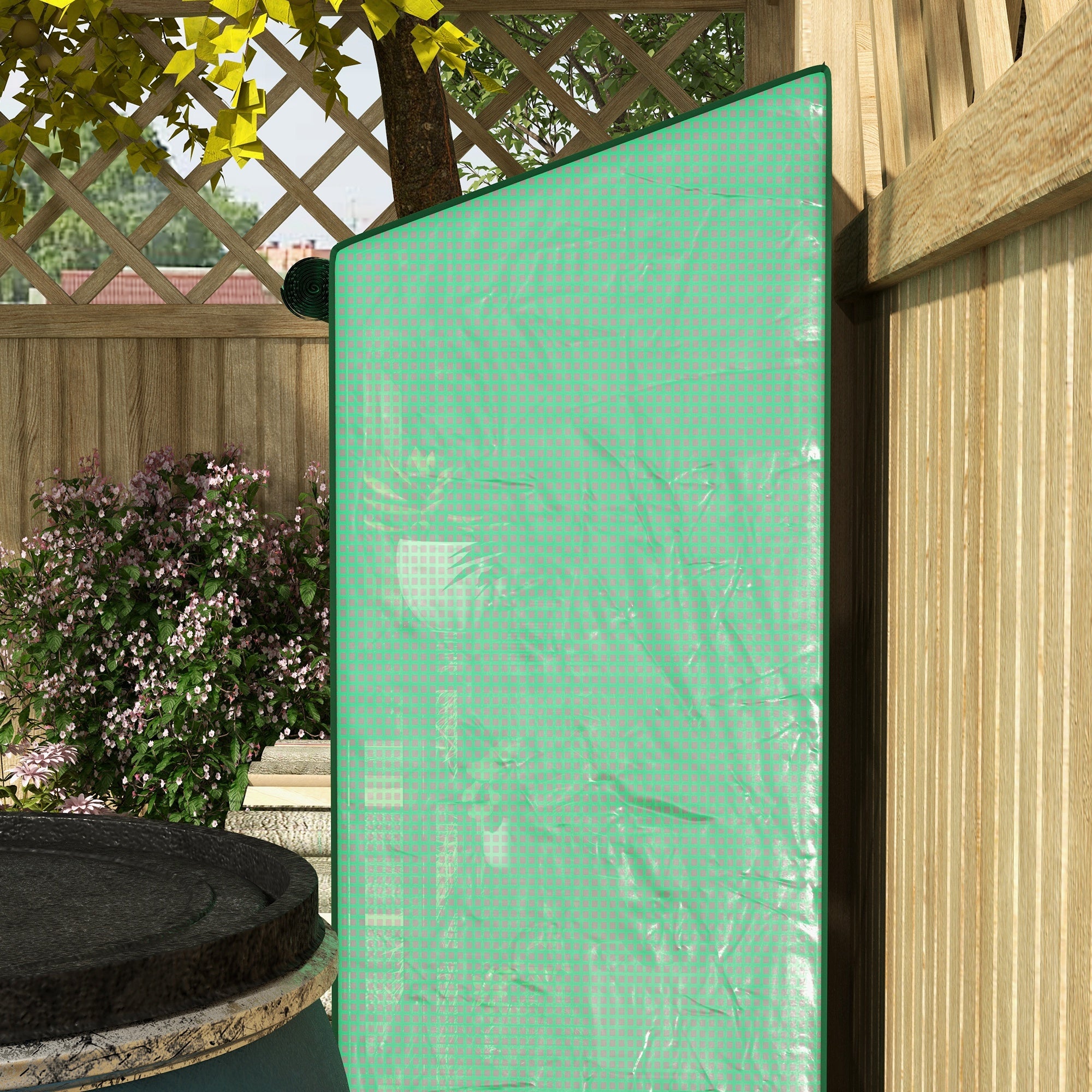 Outsunny garden greenhouse with pear coverage, 6 shelves and 2 roller shown doors, 143x46x151cm, green - Borgè