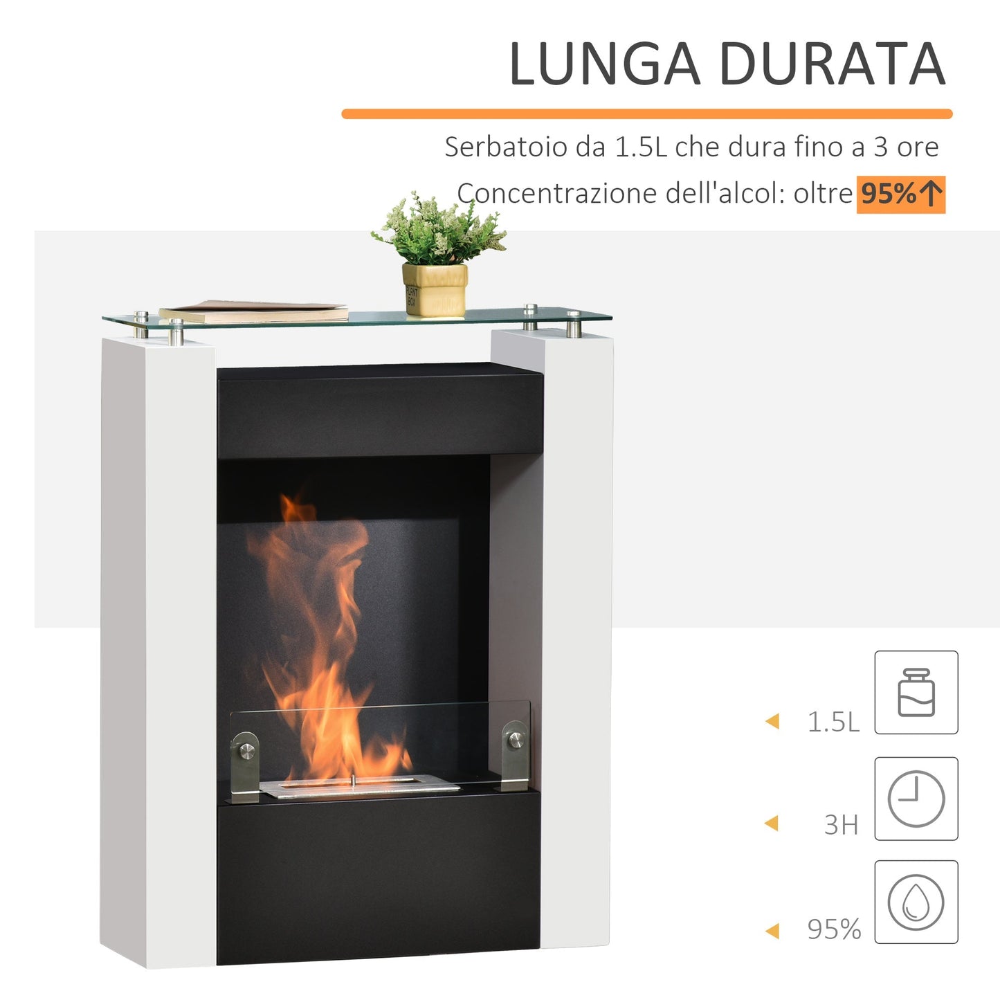 Bioethanol Fireplace with 1.5L Tank and 20m² Coverage, Steel and Glass Biofireplace, 60x20x79cm, Black and White - Borgè