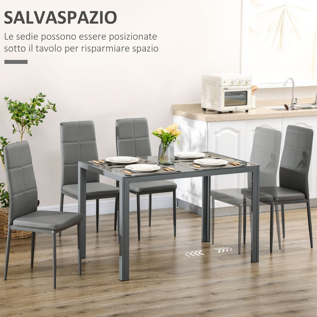 Dining Set 5 pieces with 1 dining table and 4 modern -like chairs, metal and tempered glass, Grey - Borgè