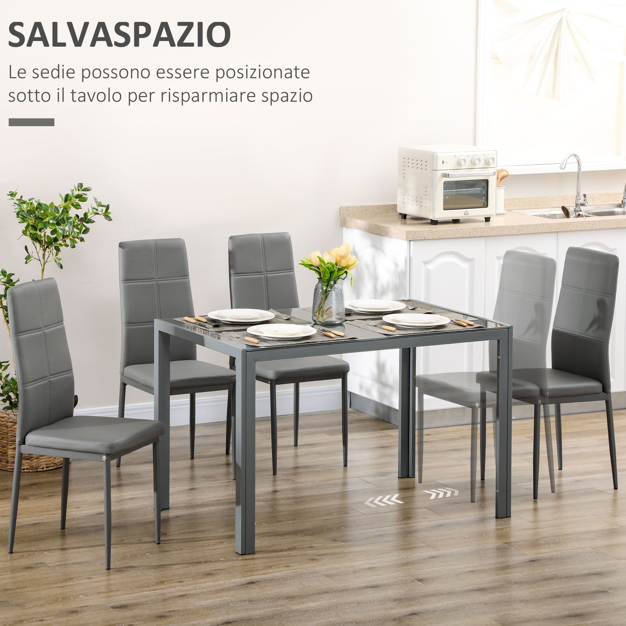 Dining Set 5 pieces with 1 dining table and 4 modern -like chairs, metal and tempered glass, Grey - Borgè