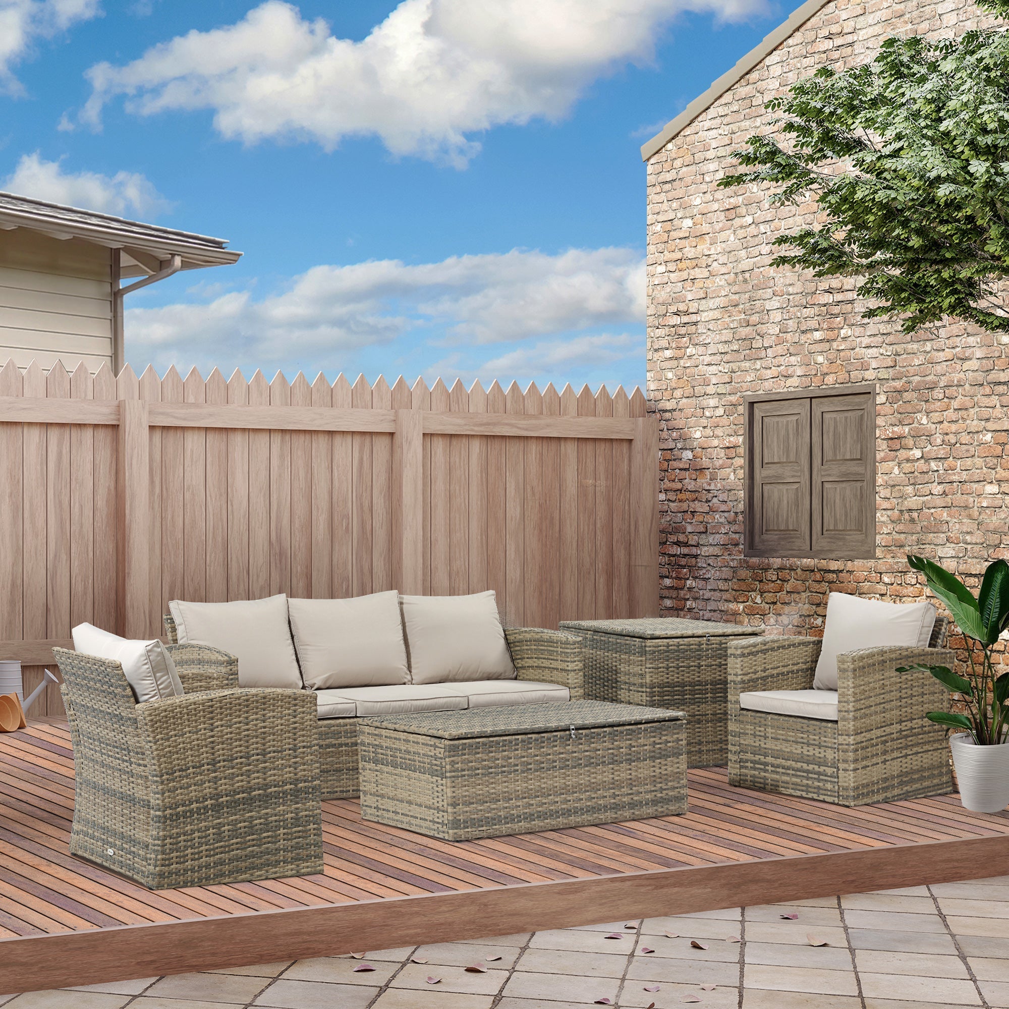 Garden Furniture Set 6 Piece Rattan Garden Furniture Set with Sofas, Armchairs and Storage Tables, Beige - Borge' Group Limited