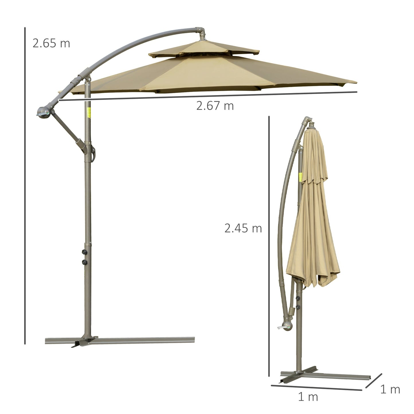 Outsunny arm umbrella with 2 -level adjustable roof and cross base, φ267x265cm, brown - Borgè