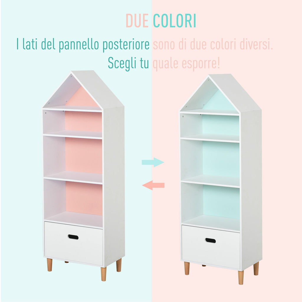 Bookcase Toy Storage Shelf for Children's and Teens' Bedrooms, 1 Drawer and 4 Shelves, White and Blue 50x30x142cm - Borgè