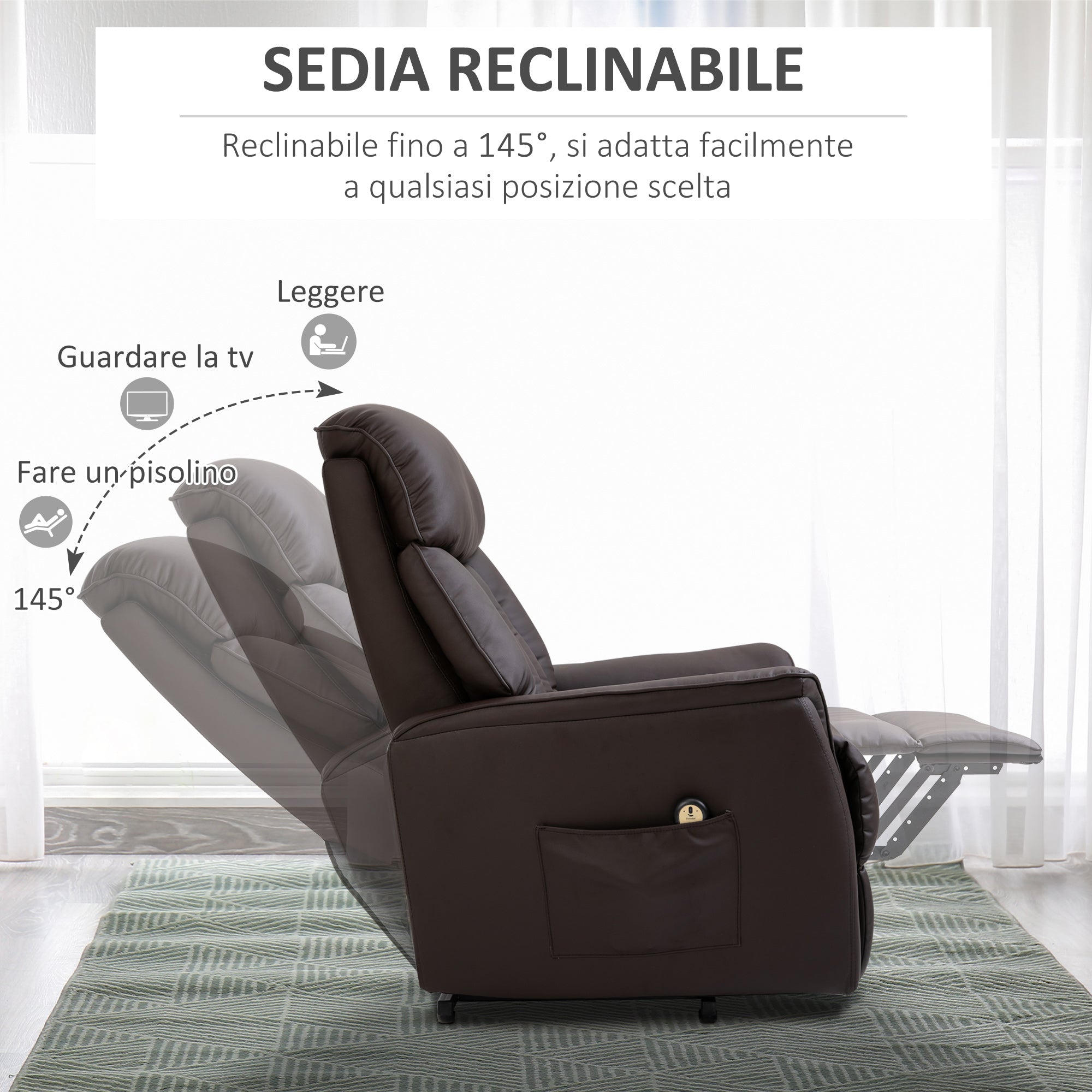 Reclinable Brown Armchair with Lift Assist, Footrest and remote control - Borgè