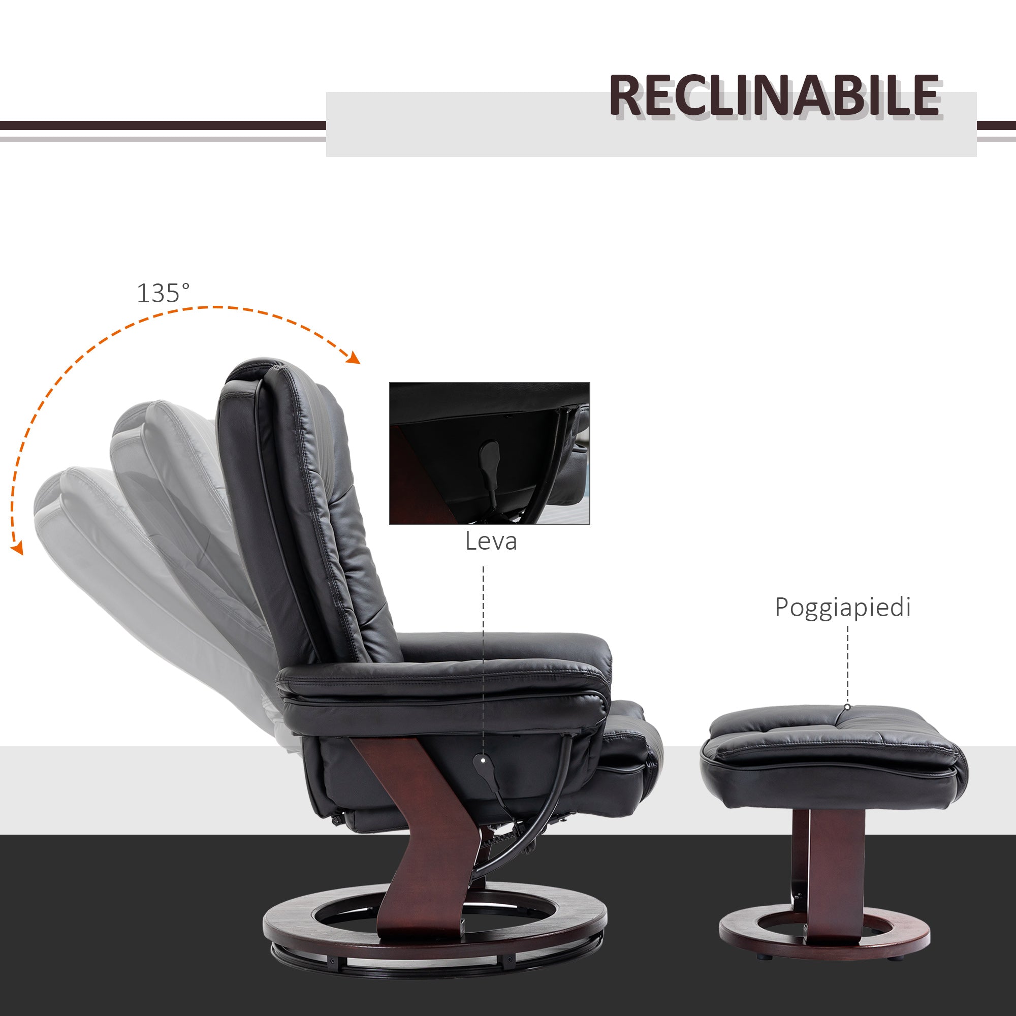 THE BOSS | Black Armchair with footrest | 360 ° Swivel and Reclining - Borgè
